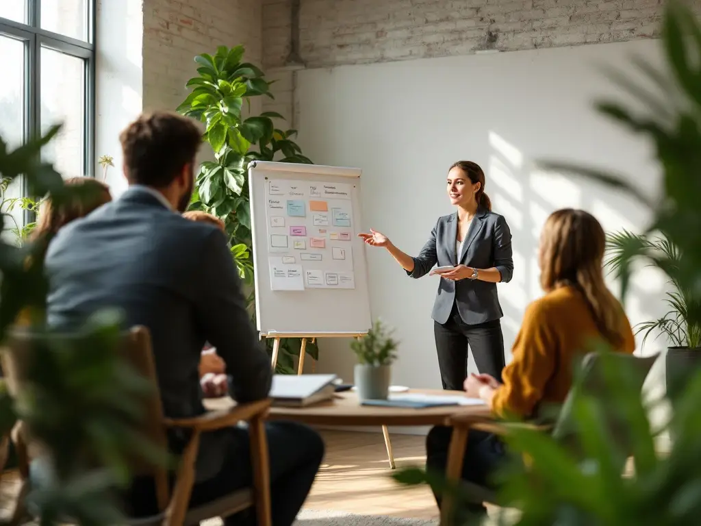 Coach begeleidt kleine groep professionals in lichte workshopruimte met whiteboard over gedragsverandering en aparte coachinghoek in inspirerende, natuurlijke omgeving.