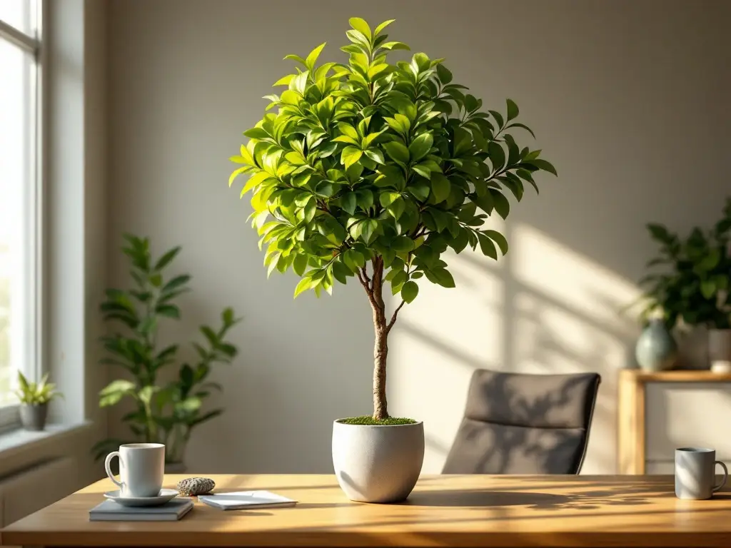 Persoon reikt naar symbolische boom die uit bureau groeit, verbeeldend gedragstransformatie in organisaties. Minimalistisch kantoor met warme okerkleurige belichting.