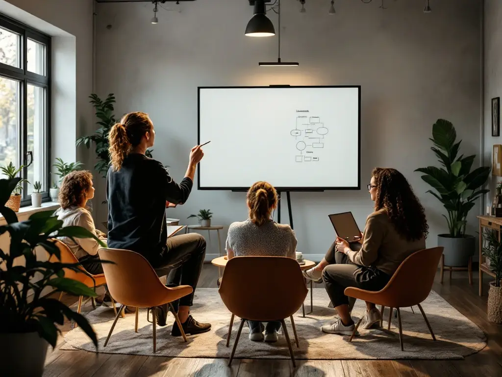 Workshopbegeleider geeft uitleg aan een hybride groep in lichte, moderne ruimte met whiteboard over gedragsverandering, natuurlijk licht en planten.