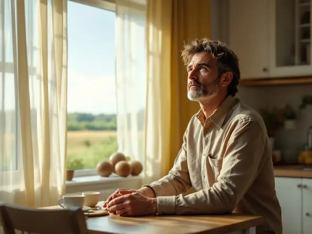 Persoon in warm interieur staat tussen zakelijke beloningen en persoonlijke inspiratie, symboliseert de spanning tussen extrinsieke en intrinsieke motivatie.