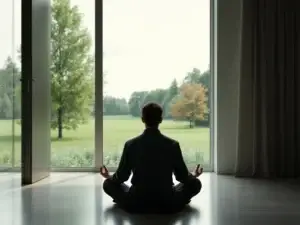 Twee zakelijke figuren in minimalistisch kantoor; voorgrond persoon in meditatie toont innerlijke strijd, achtergrond figuur bij raam straalt rust uit, symbolische barrière ertussen.