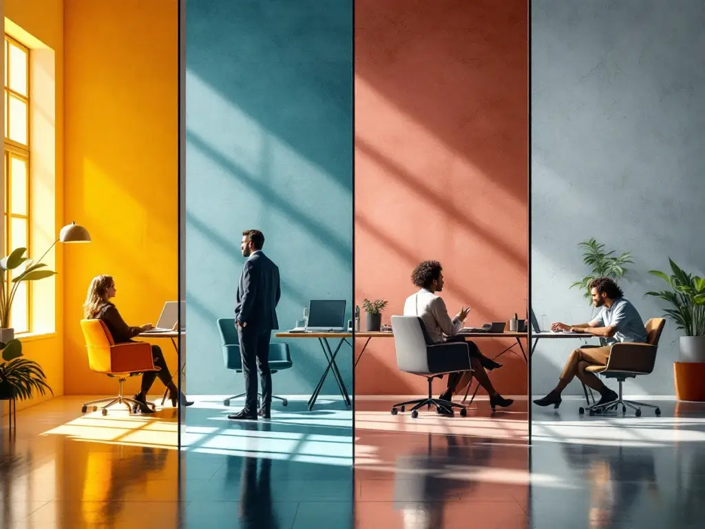 Vier werkruimtes die verschillende leiderschapsstijlen tonen: autocratisch, democratisch, laissez-faire en transformationeel, elk met een persoon en bijpassende symbolen.