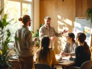 Facilitator begeleidt diverse professionals in zonnige, moderne workshopruimte met houten elementen, planten en whiteboard terwijl deelnemers aandachtig luisteren en notities maken.