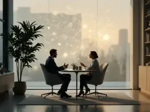 Twee professionals in gesprek bij glazen wand met organische projecties over organisatiecultuur in minimalistisch kantoor met warm licht.
