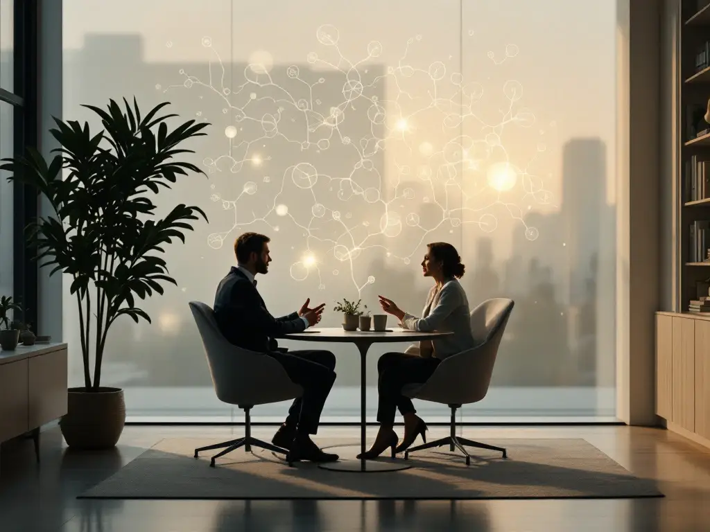 Twee professionals in gesprek bij glazen wand met organische projecties over organisatiecultuur in minimalistisch kantoor met warm licht.