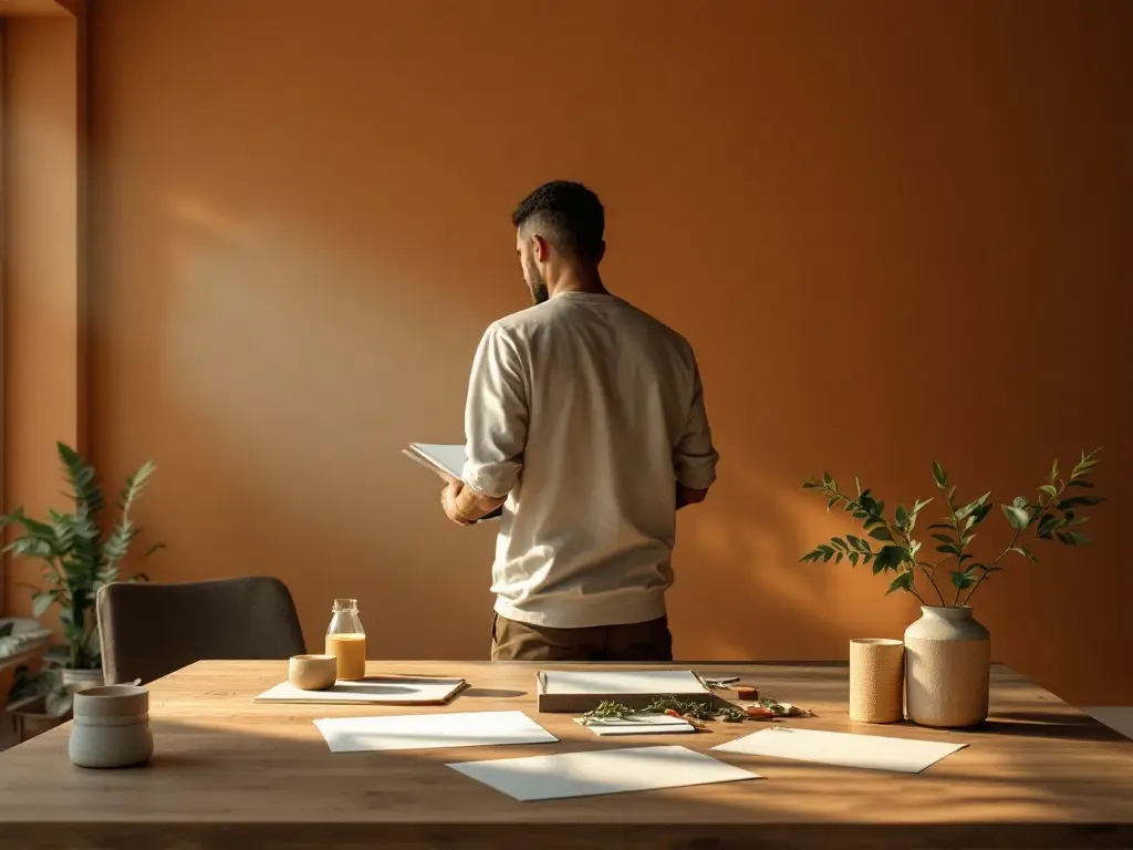 Peinzende professional staat bij houten tafel in vergaderruimte, papieren verspreid, met teamsilhouetten op achtergrond tijdens moment van organisatieontwikkeling.
