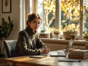 Peinzende professional bij houten tafel met meetinstrumenten in lichte kantoorruimte. Achtergrond toont symbolen van organisatieontwikkeling en professionele groei.