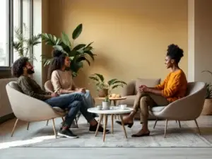 Diverse professionals in vertrouwelijk teamgesprek, zittend in halve cirkel. Warme verlichting en open lichaamshouding tonen psychologische veiligheid.