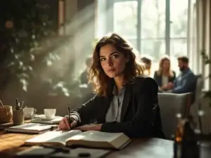 Peinzende professional aan houten bureau met reflectienotities en gedragsveranderingsschema, kijkt naar collega's in warm verlicht kantoor met aardetinten.