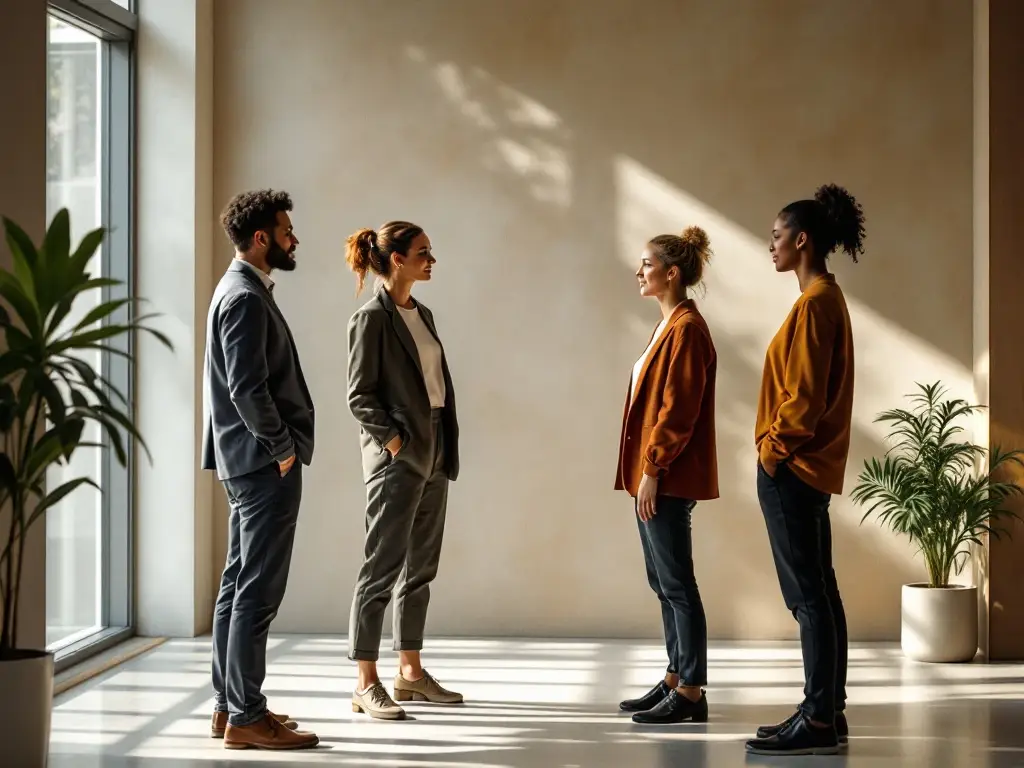 Vier professionals in werkkleding tonen samenwerking en transformatie in minimalistisch kantoor met houten elementen, zacht licht en symbolische stoffering.
