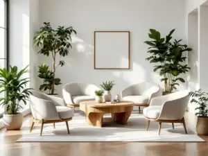 Serene vergaderruimte met stoelen in cirkelopstelling, houten vloeren, daglicht, groene planten, en een flip-over klaar voor teamdialoog en organisatieontwikkeling.