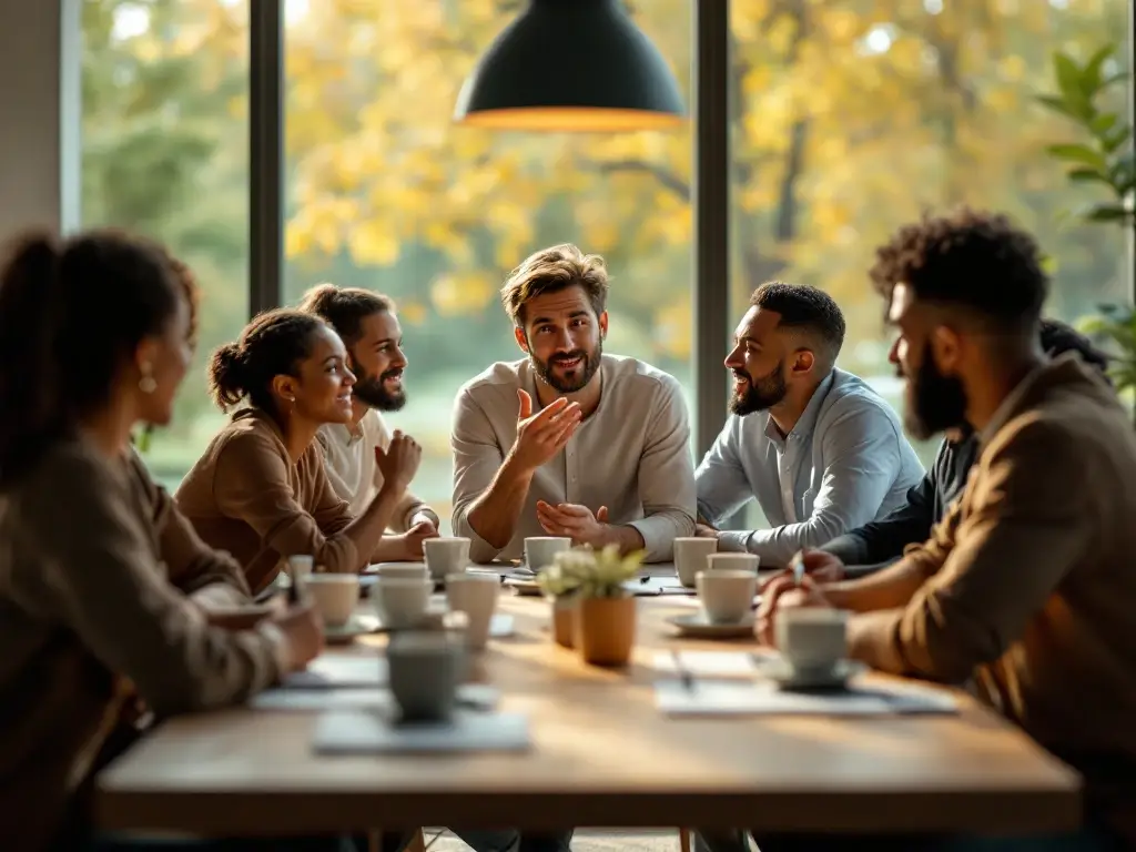Divers team professionals in vergaderruimte met natuurlijk licht. Centrale figuur maakt expressief handgebaar over verandering terwijl teamleden reageren en reflecteren.