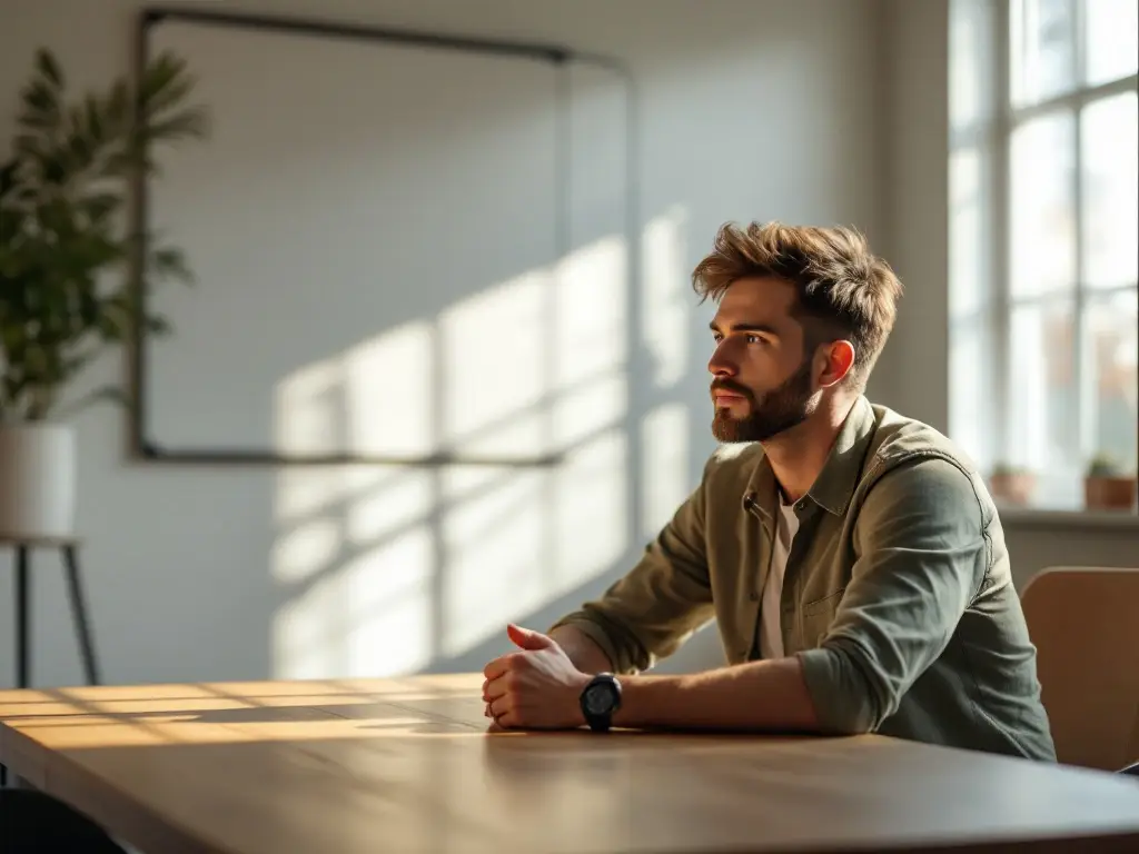Peinzende teamleider in casual zakelijke kleding staat reflectief bij vergadertafel in minimalistisch kantoor met natuurlijk licht en subtiele organisatieontwikkelingselementen op achtergrond.