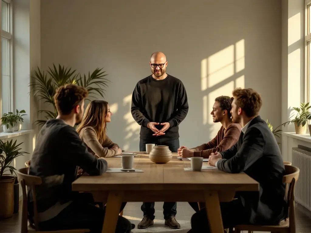 Teamleider leidt transformatiesessie in lichte ruimte waar teamleden in halve cirkel zitten, evoluerend van terughoudend naar betrokken in een sfeer van psychologische veiligheid.