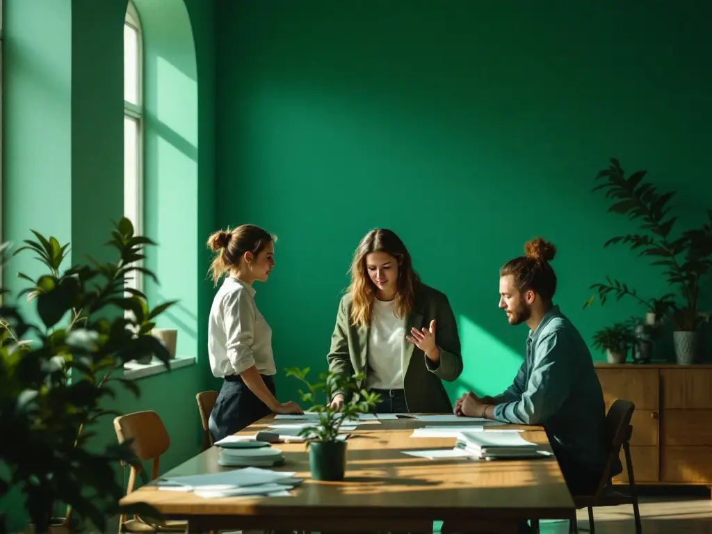 Klein team toont contrasterende lichaamstaal tijdens organisatieverandering in minimalistisch kantoor met warme tinten en natuurlijk licht.