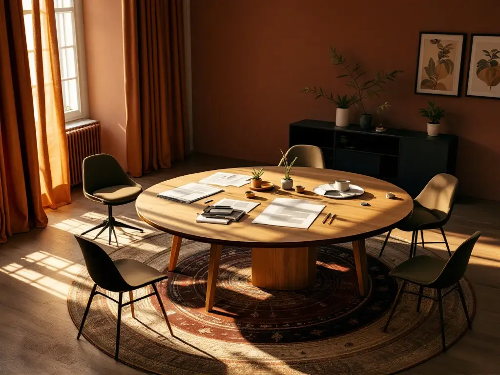 Twee professionals gebogen over documenten aan ovale tafel in warme vergaderruimte met goudachtig licht, aardkleuren en symbolen van groei en verandering.