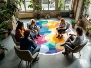 Facilitator begeleidt diverse professionals in lichte workshopruimte met symbolisch vloerpatroon, plantendecor en natuurlijk licht. Deelnemers tonen actieve betrokkenheid.