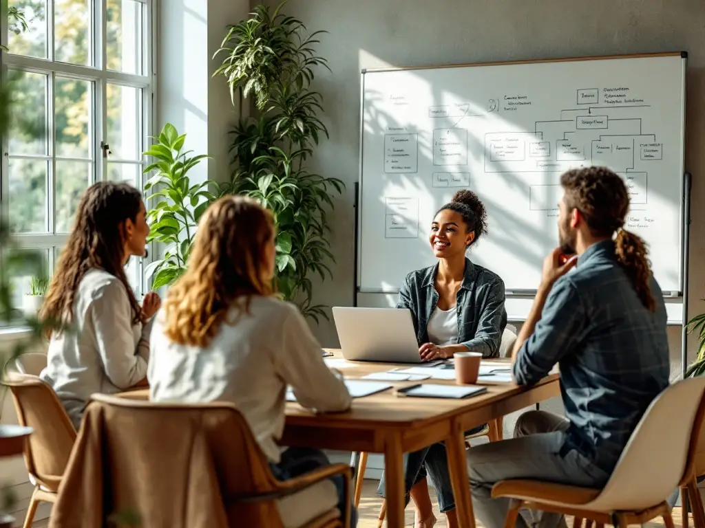 Facilitator begeleidt diverse professionals in cirkelopstelling tijdens workshop in lichte, moderne ruimte met natuurlijk licht en whiteboard.