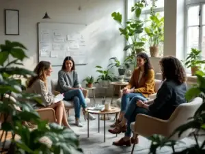 Diverse groep tijdens workshop in lichte moderne ruimte met grote ramen en planten. Leider gebaart terwijl teamleden aantekeningen maken en interactie tonen.