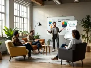 Workshop over veranderprocessen met diverse groep deelnemers in lichte ruimte. Leider staat bij whiteboard terwijl geëngageerde deelnemers actief meedoen in open sfeer.