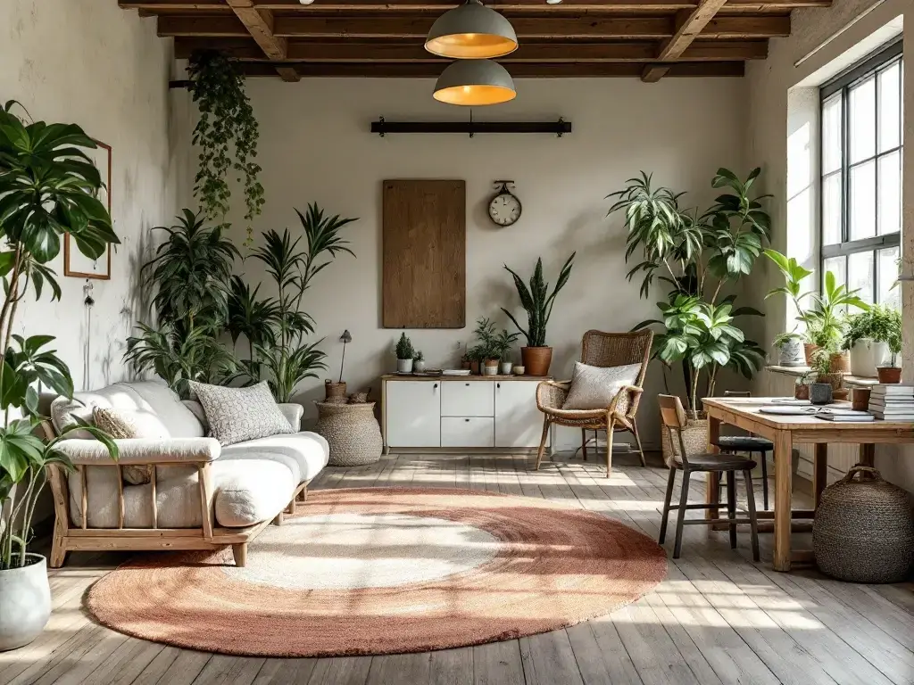 Lichte workshopruimte met stoelen in cirkel, houten vloeren, grote ramen, groene planten en rustieke details voor een sfeer van rust en verbinding.