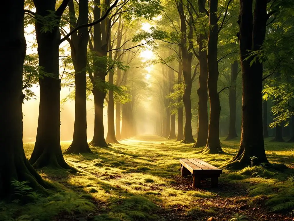 Houten meditatiebank in serene Nederlandse bosopen plek met gouden ochtendlicht door beukenbomen en eikenbomen