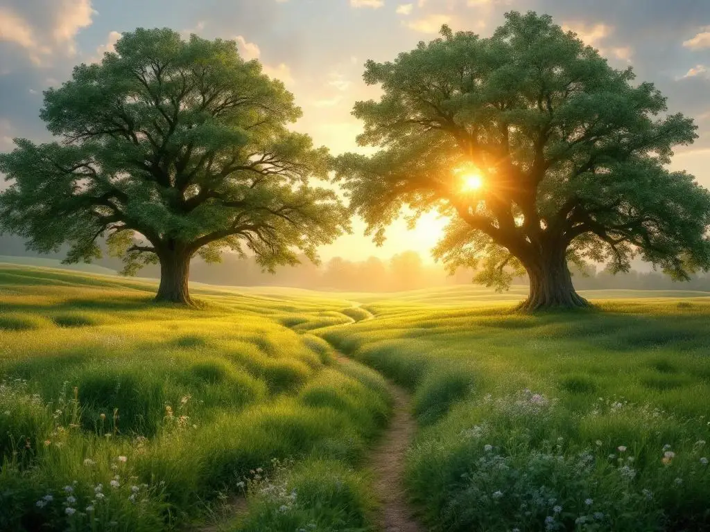 Nederlandse landschap met groene weiden en eikenbomen die twee paden tonen: donker kreupelhout en lichte velden onder gouden hemel