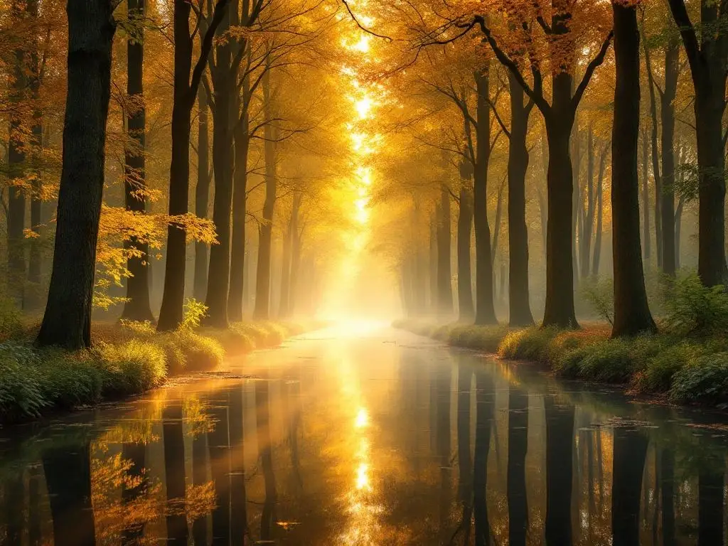 Serene Nederlandse beuken bos met gouden herfstlicht en spiegelende vijver in ochtendmist