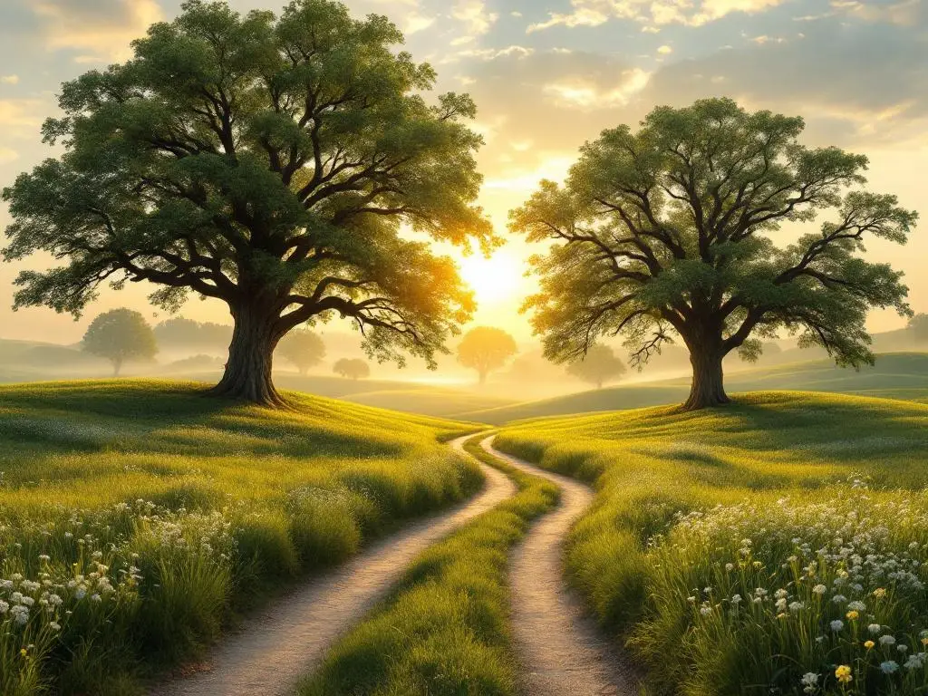 Nederlandse landschap met groene weiden, wilde bloemen en eikenbomen onder gouden avondlicht met kronkelend pad door platteland