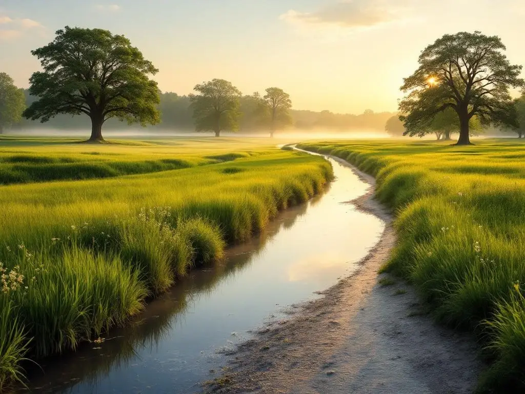 Nederlandse landschap met groene weiden, oude eiken, gouden lucht, mistige kanaal en pad door gras naar bos bij zonsopgang.