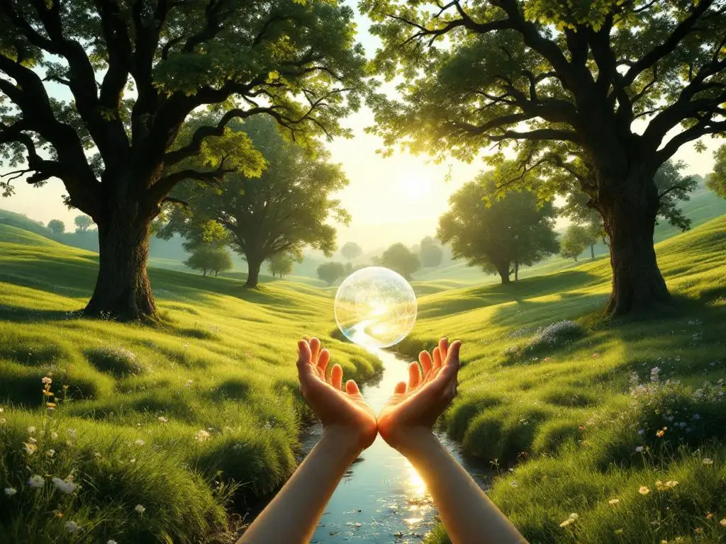 Handen houden lichtbol vast in Nederlands landschap met groene weiden, eikenbomen en beekje bij gouden uur