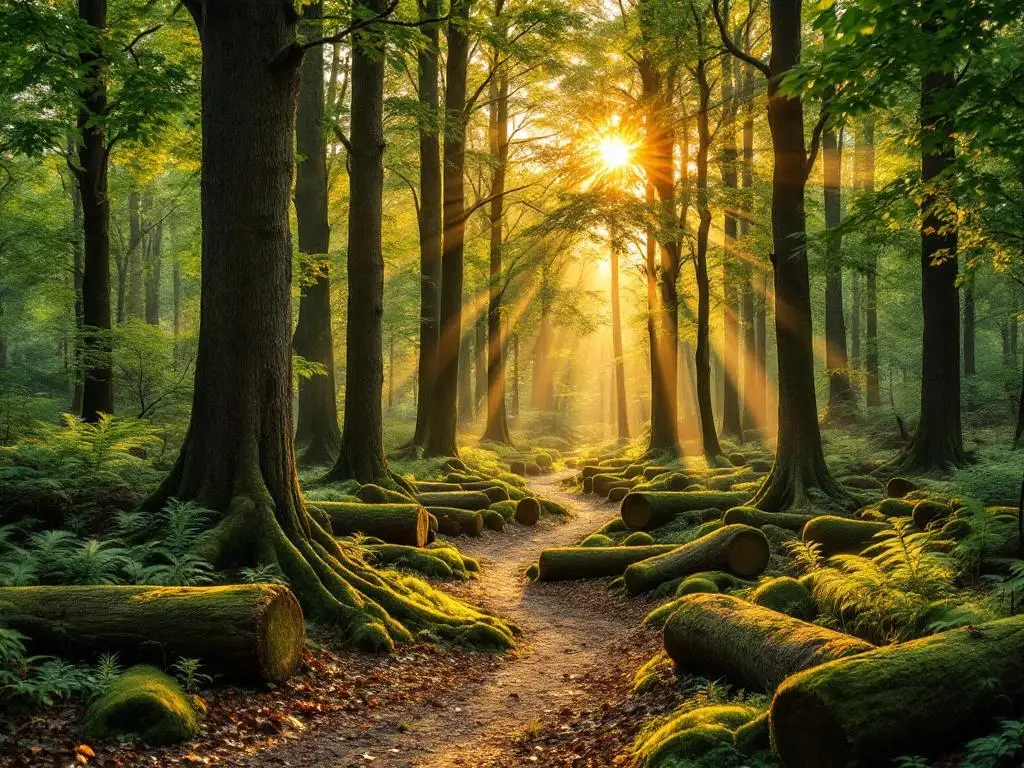 Nederlandse bos met gouden zonlicht door beukenbomen, mospadden op boomstammen, pad naar achtergrond voor reflectie