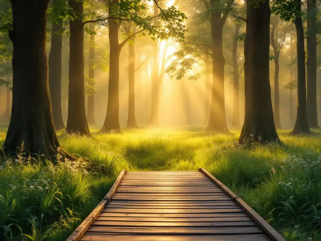 Vreedzame Nederlandse bosopen met gouden ochtendlicht, wandelpad naar weide omringd door beuk- en eikenbomen