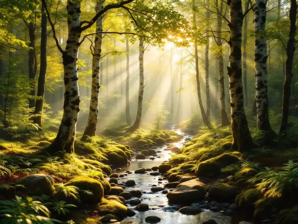 Serene Nederlands bos met berken en beuken, ochtendmist, gouden zonlicht en beekje tussen varens op mosbodem