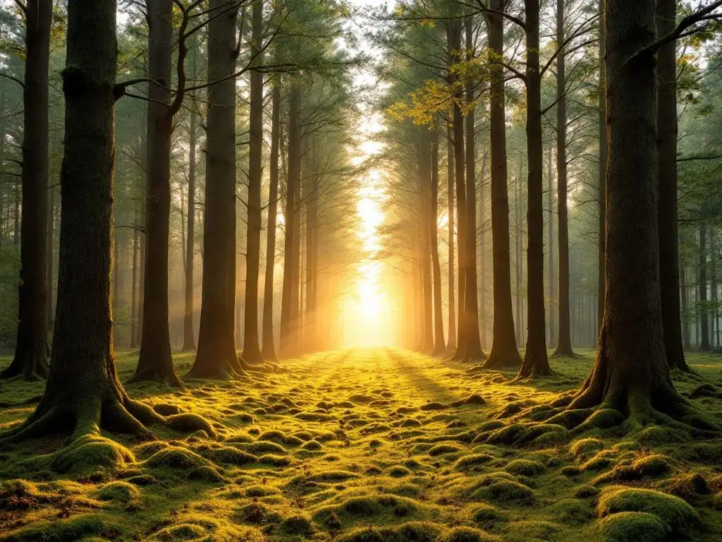 Serene Nederlandse bosopen plek met beuken en eiken in gouden ochtendlicht, zonnestralen door bladerdak op mosgrond