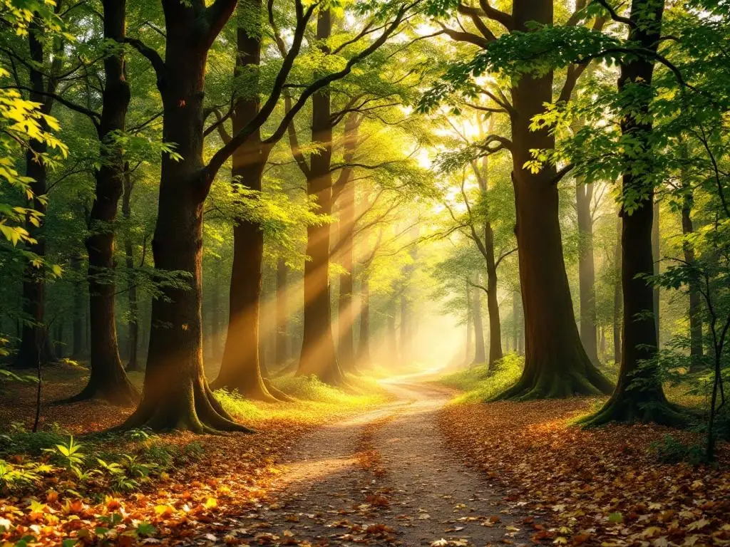 Serene bospad door Nederlandse beukenbos met gouden zonlicht en herfstbladeren op natuurlijk wandelpad
