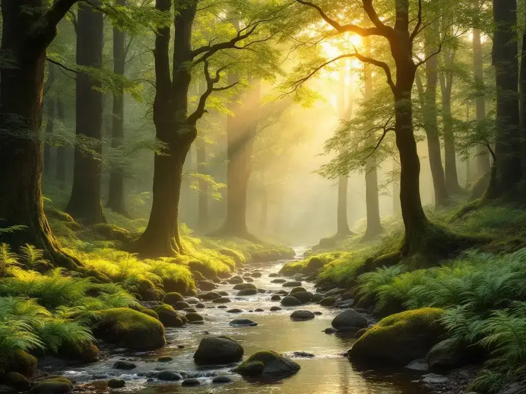 Serene Nederlandse bosbosjes met gouden zonlicht door beuken en eiken, ochtendmist en beekje tussen varens