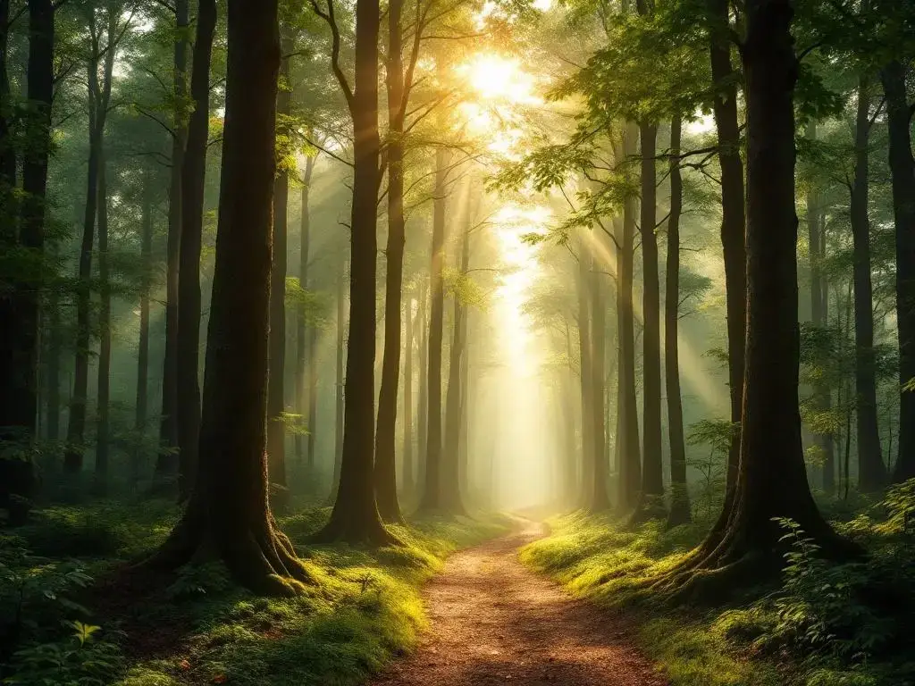 Nederlands bos met zonnestralen door boomkruinen die een pad naar rustige bosdiepte verlichten