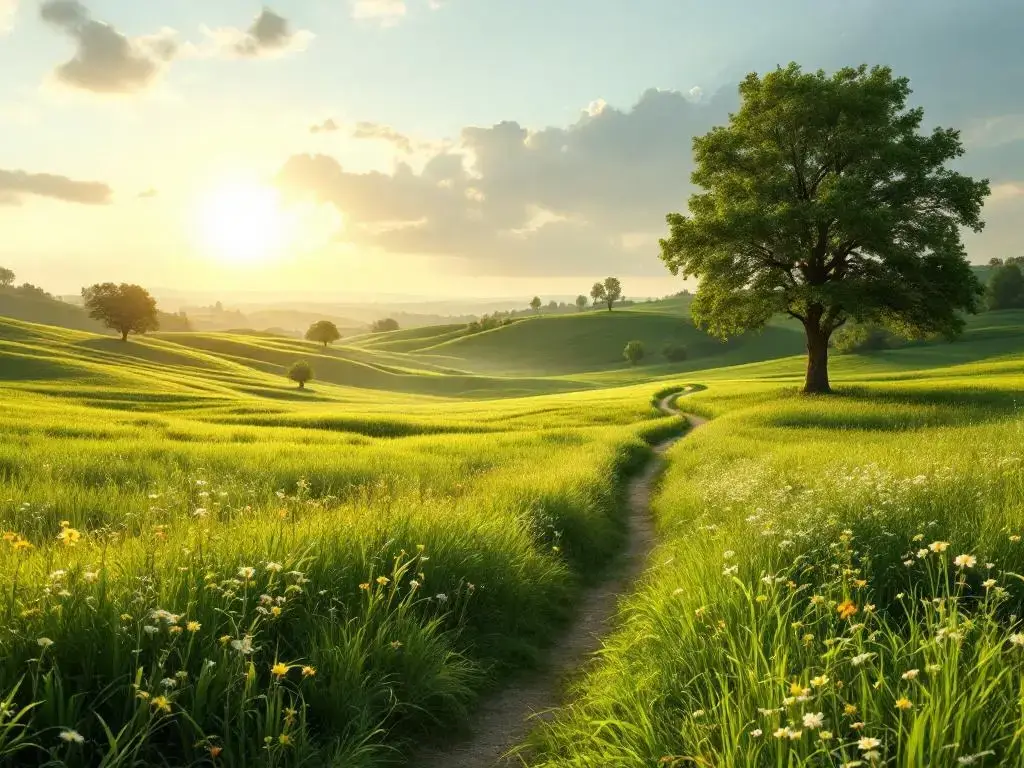 Hollands landschap met kronkelend pad door groene weilanden naar gouden horizon, omringd door eikenbomen en wilde bloemen
