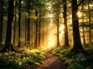 Nederlandse beukenbos met gouden zonlicht door bladerdak, kronkelend mospad en ochtendmist tussen varens