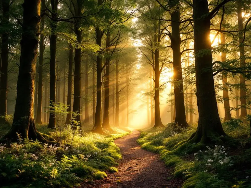 Nederlandse beukenbos met gouden zonlicht door bladerdak, kronkelend mospad en ochtendmist tussen varens