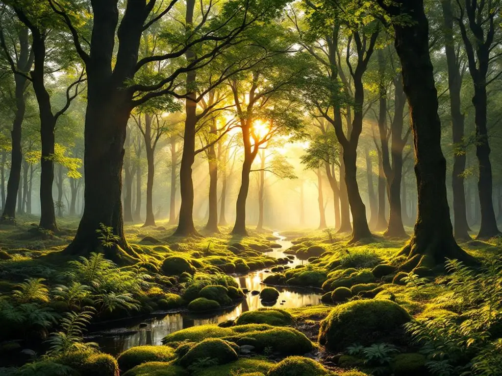 Serene Nederlands bos met beuk- en eikenbomen, gouden ochtendlicht en beekje door open plek met varens en mos