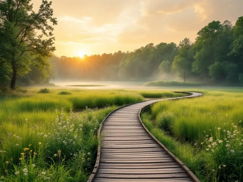 Nederlandse landschap met groene weilanden, wilde bloemen, houten wandelpad door moerasgebied en gouden uurtje lucht