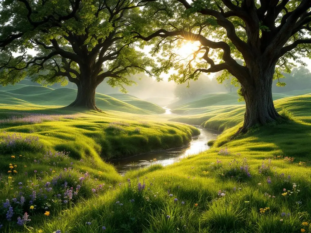 Nederlandse landschap met groene weiden, wilde bloemen, eikenbomen en beekje in ochtendmist met gouden zonlicht