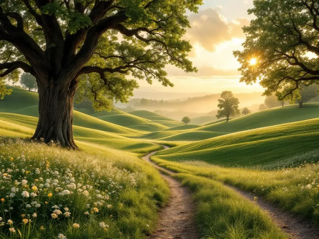 Sereen Nederlands landschap met groene weiden, wilde bloemen en eikenbomen tijdens gouden uur met zacht ochtendlicht.