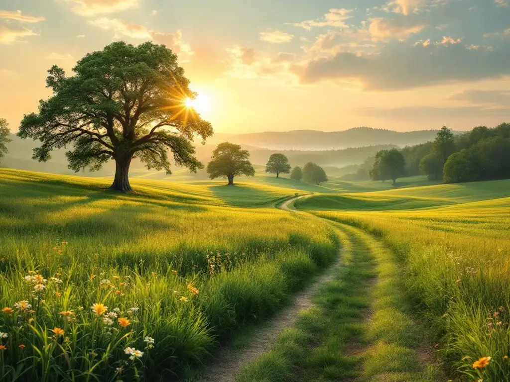 Serene Nederlandse landschap met groene weiden, eeuwenoude eiken en gouden avondlicht langs een kronkelend pad