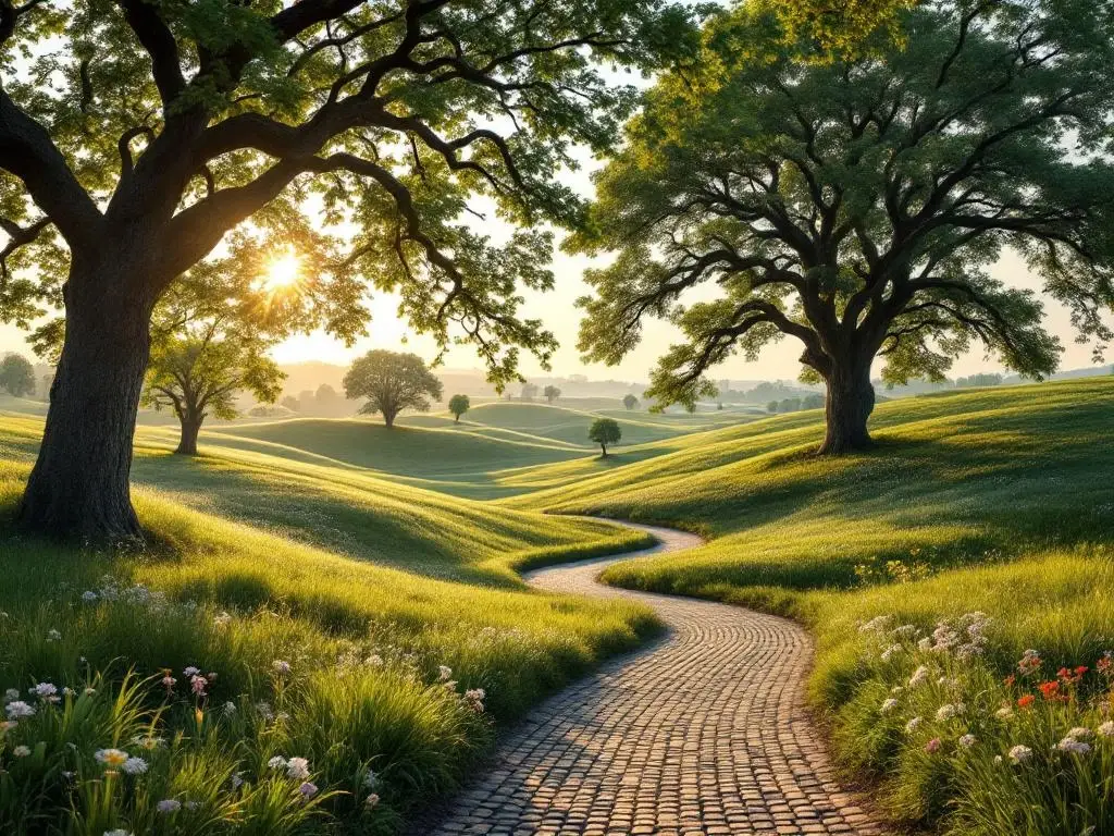 Nederlandse landschap met groene weilanden, wilde bloemen en eikenbomen onder gouden avondlicht met kasseienpad