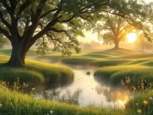 Serene Nederlands landschap met groene weiden, wilde bloemen en eikenbomen rond vredige vijver in gouden ochtendlicht