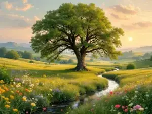 Serene Nederlands landschap met eikenboom, wilde bloemen in weilanden en meanderende beek in gouden uurtje
