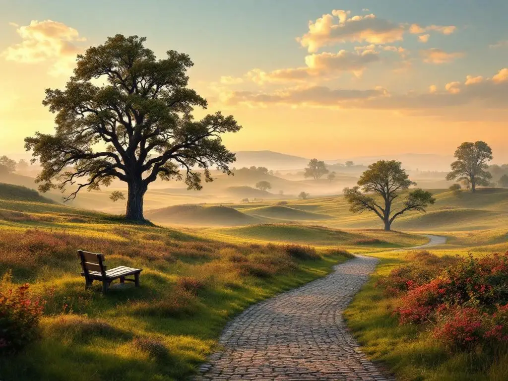 Nederlandse landschap met groene weiden, eikenbomen en houten bankje onder gouden ochtendlicht met mistige achtergrond